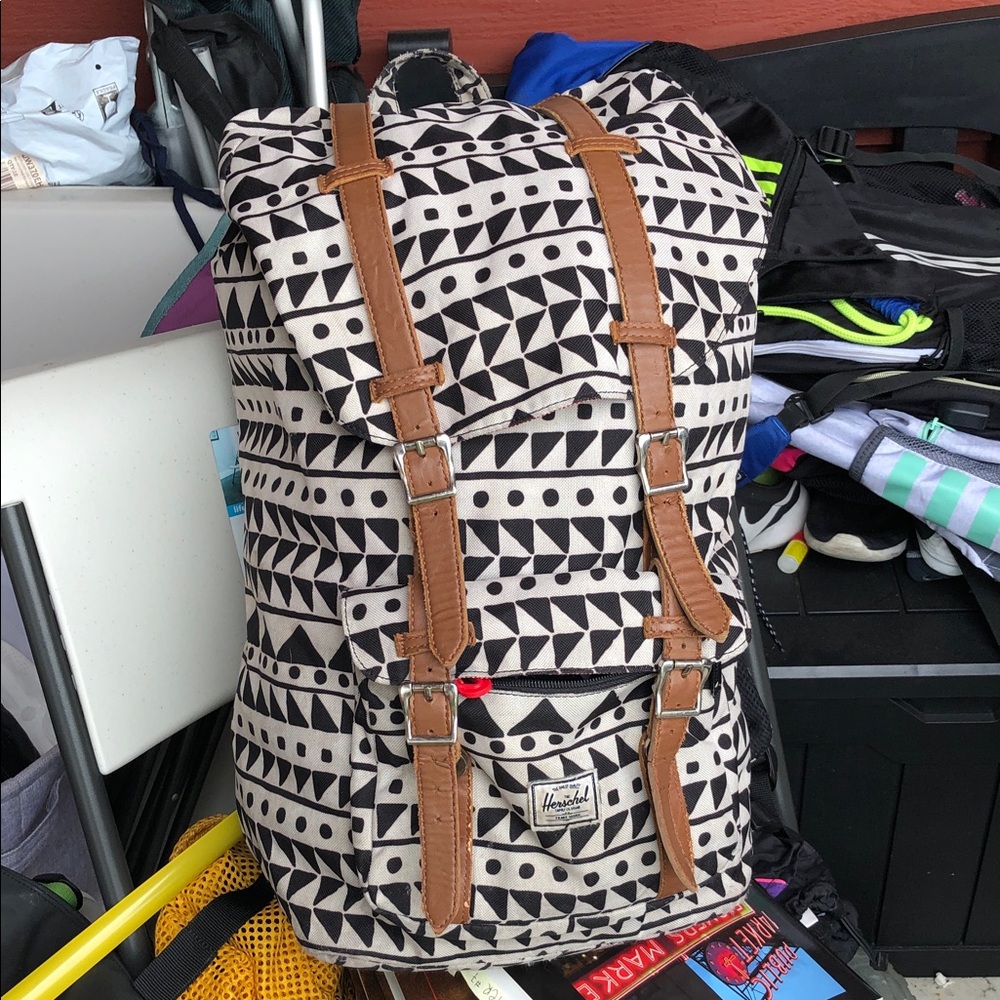 Herschel Supply Company Black & Cream Geometric Canvas Backpack with Tan Straps